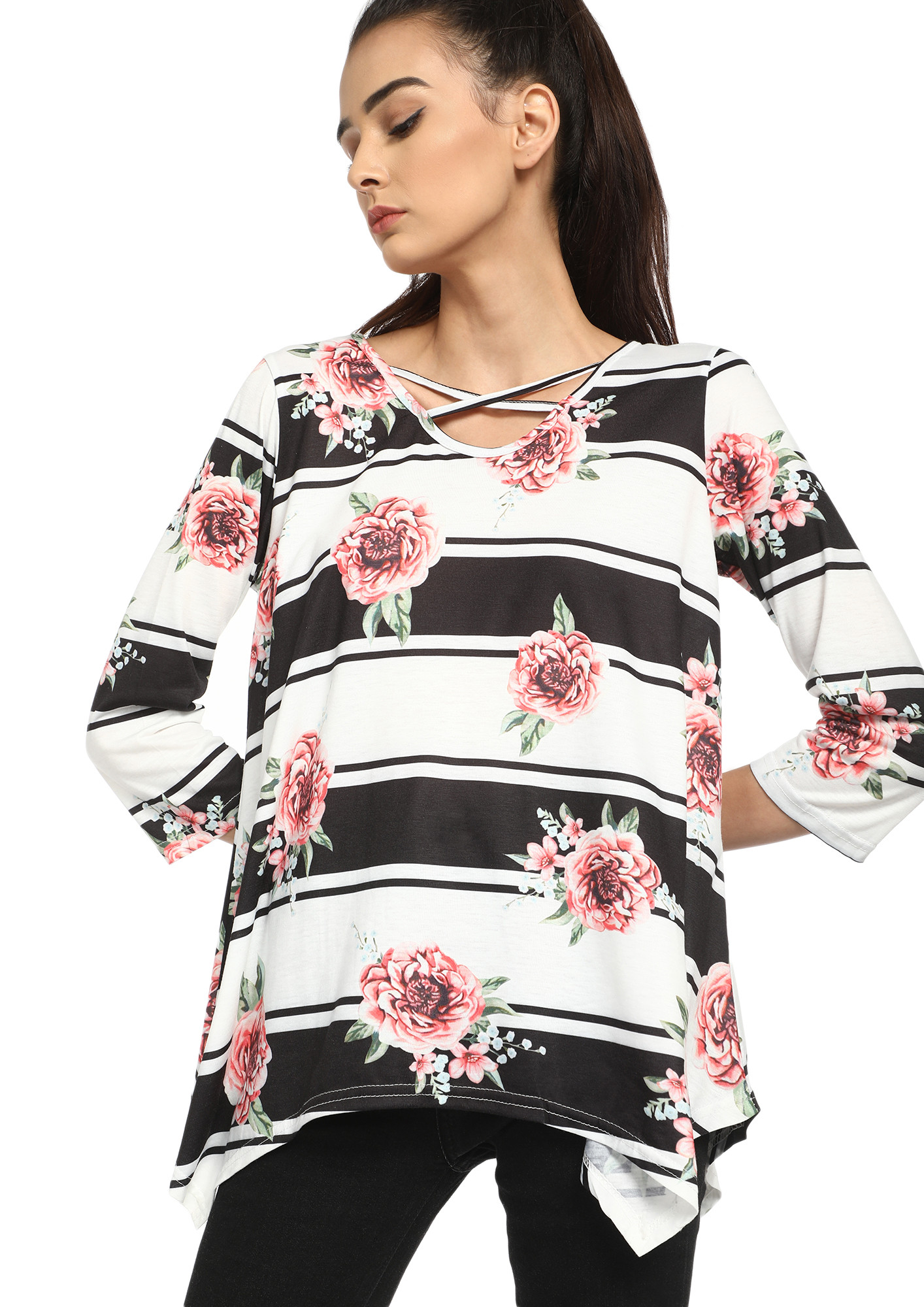 CARRYING MY ROSES ALONG BLACK TUNIC TOP