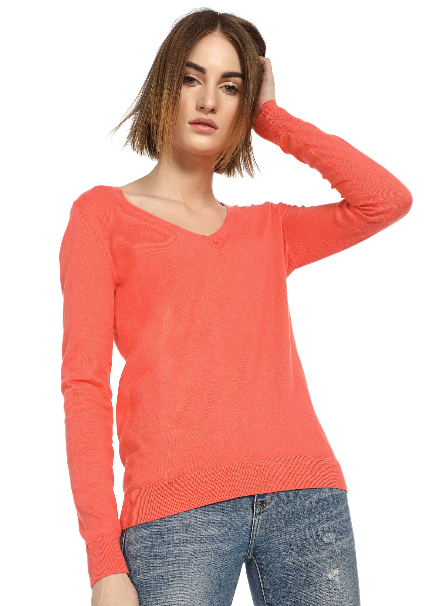 CAN YOU RIB-PEAT CORAL RED RIBBED T-SHIRT