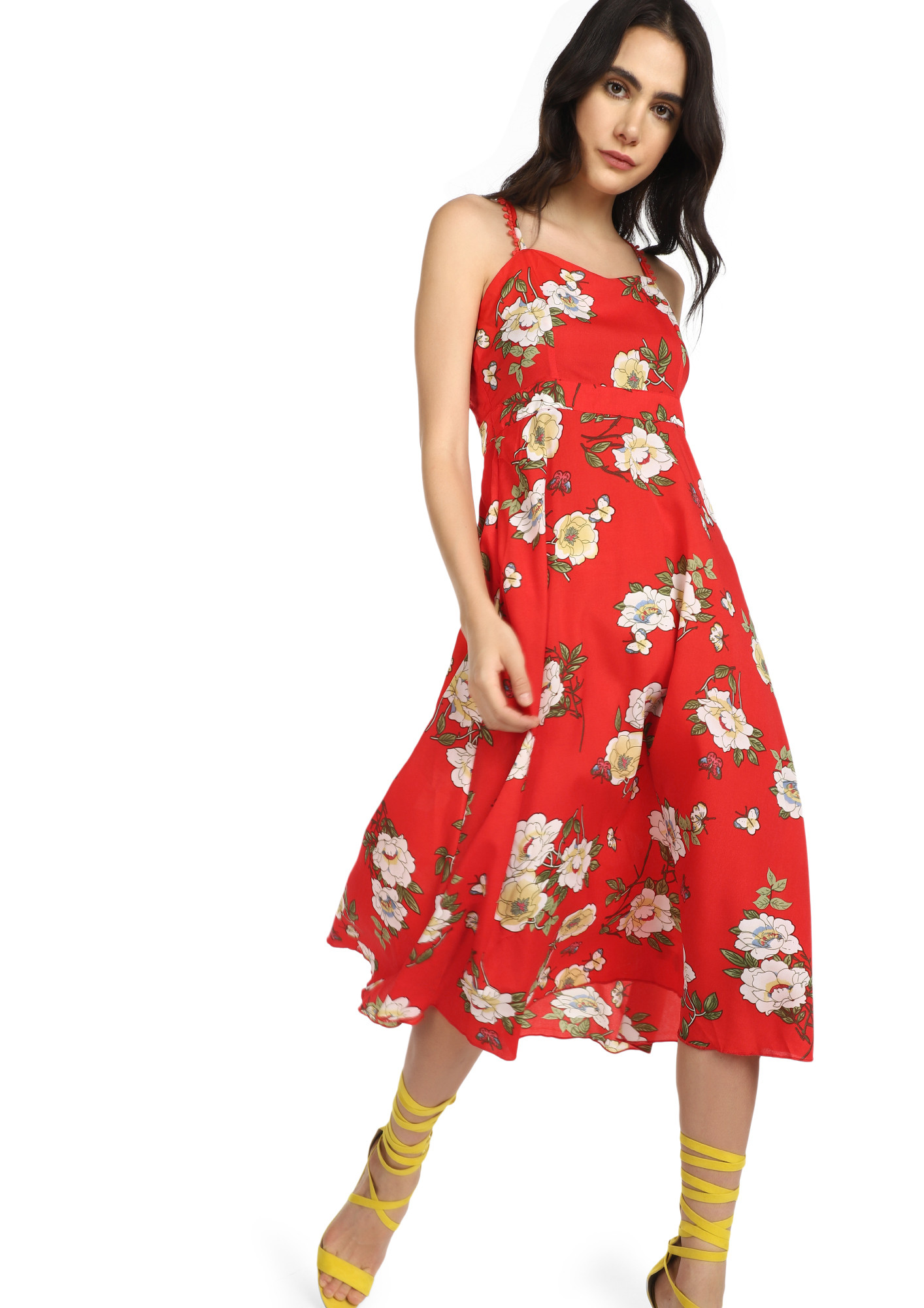 FLORAL AUTHORITY RED MIDI DRESS