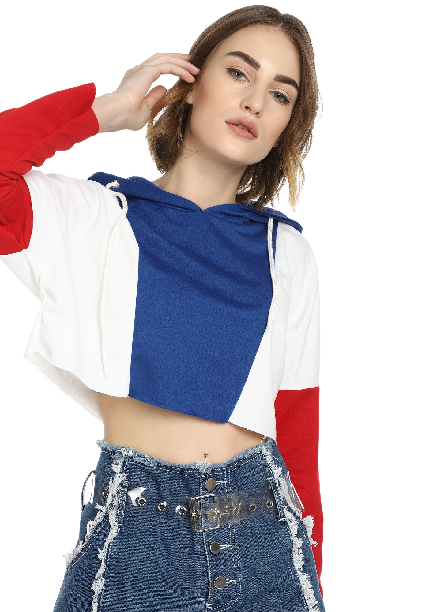 THE COLD COLORBLOCK BLUE WHITE CROPPED HOODIE