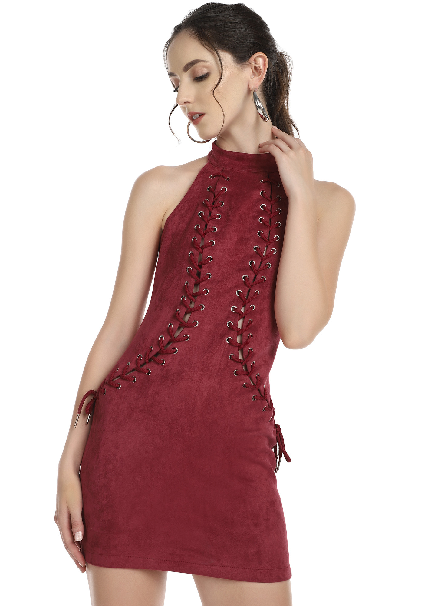 TIE UP AND TEASE BURGUNDY BODYCON DRESS