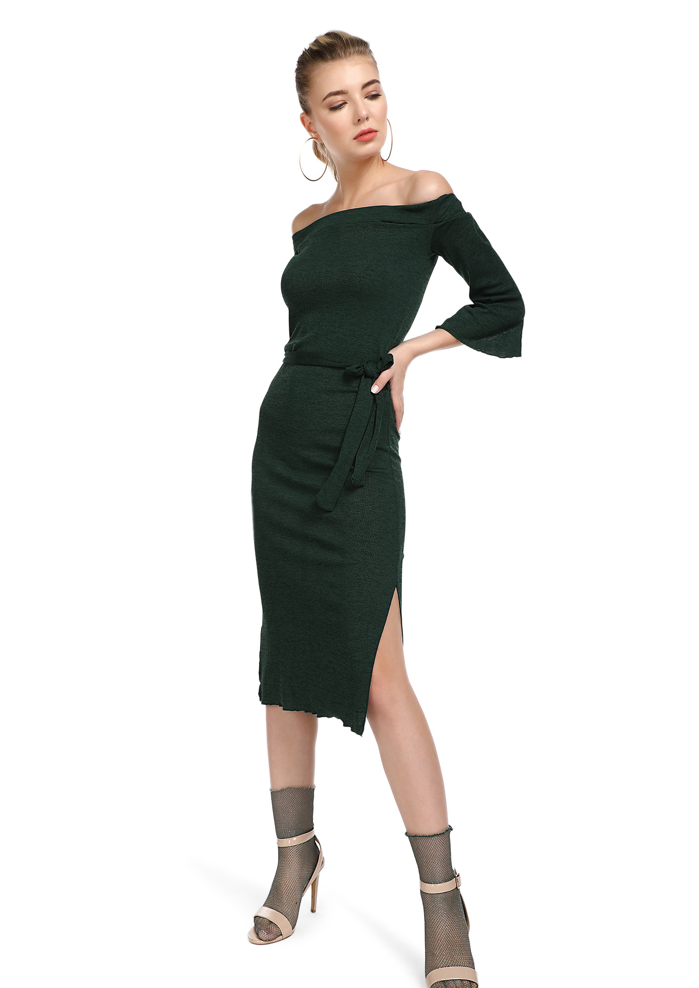 CONSIDER THE MIDPOINT GREEN OFF-SHOULDER DRESS