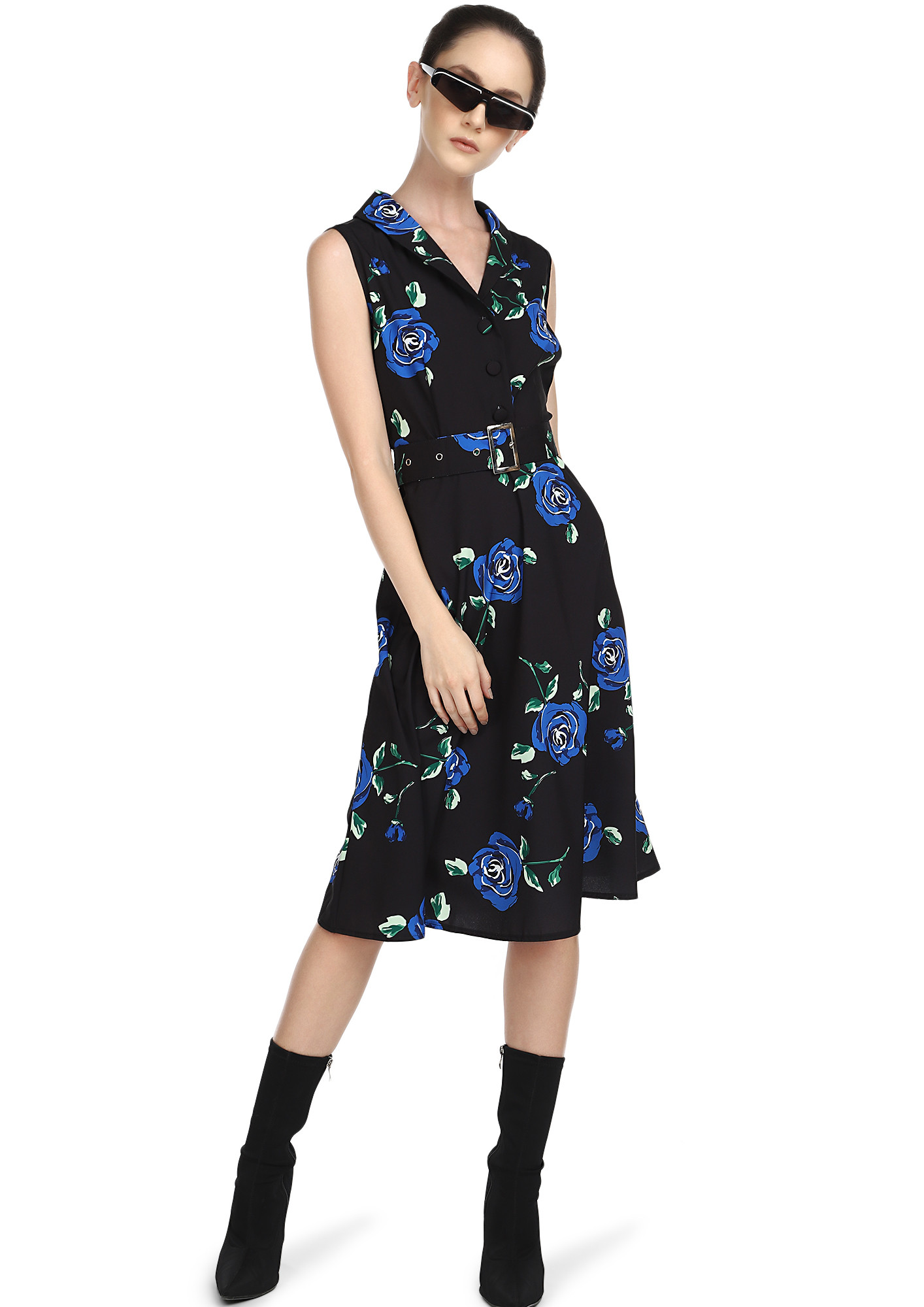 ALL BUCKLED UP BLUE FLORAL MIDI DRESS