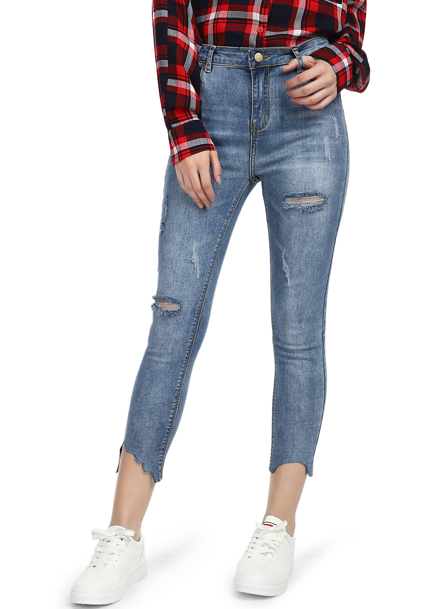ALL TOUGHENED UP BLUE CROPPED RIPPED JEANS