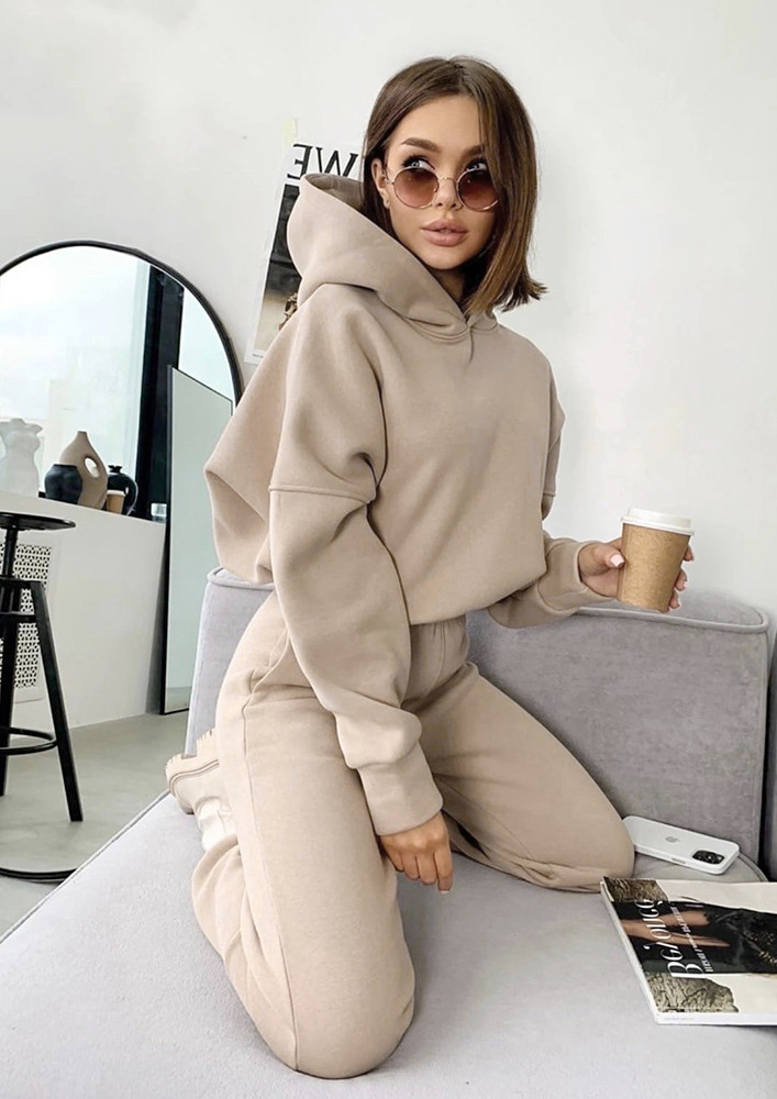 CASUAL BEIGE CROPPED HOODIE & JOGGER SET