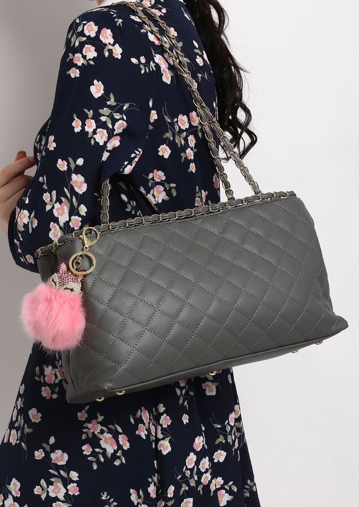 QUILTED GREY CHAINED SLING BAG