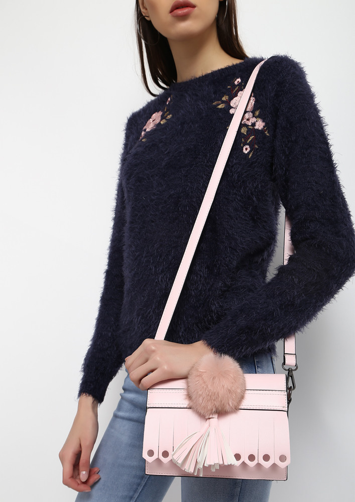 FUR BALL AND TASSELS PINK SLING BAG