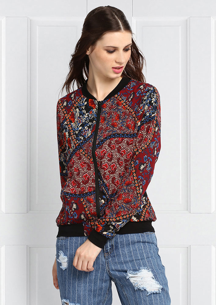 Red Floral Embroidered Bomber Jacket