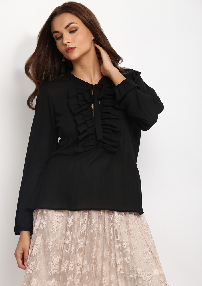 FRILL AND FRONT TIE BLACK TOP