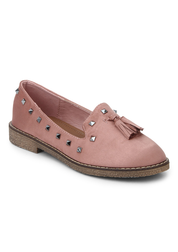 Tassel And Studs Pink Heeled Loafers
