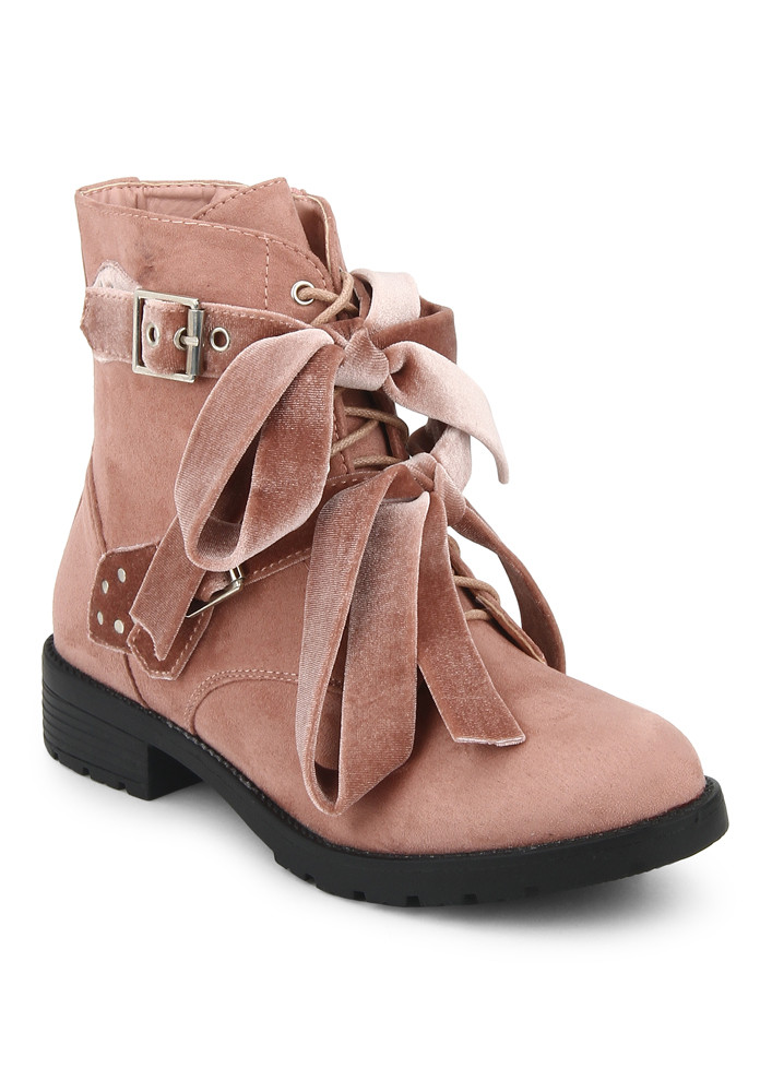TIE ME UP PINK SUEDE ANKLE BOOTS
