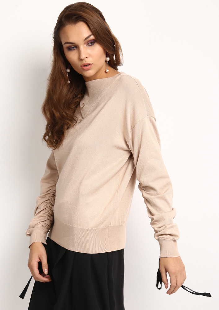 APRICOT TIE UP SLEEVE SWEATER