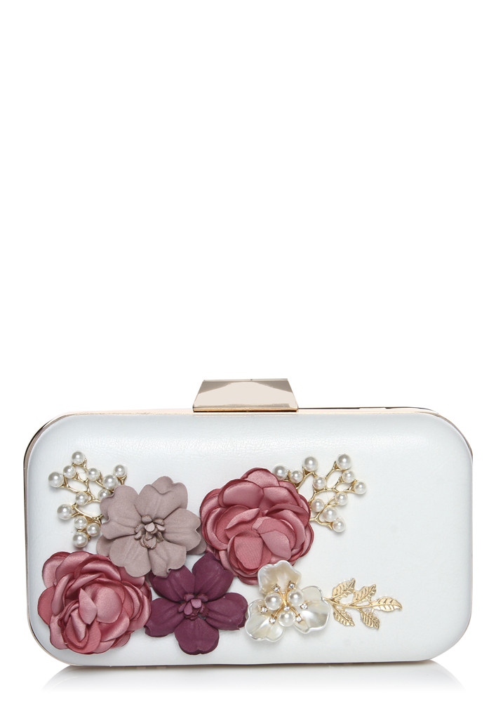 WHITE FLORAL LEATHER CLUTCH