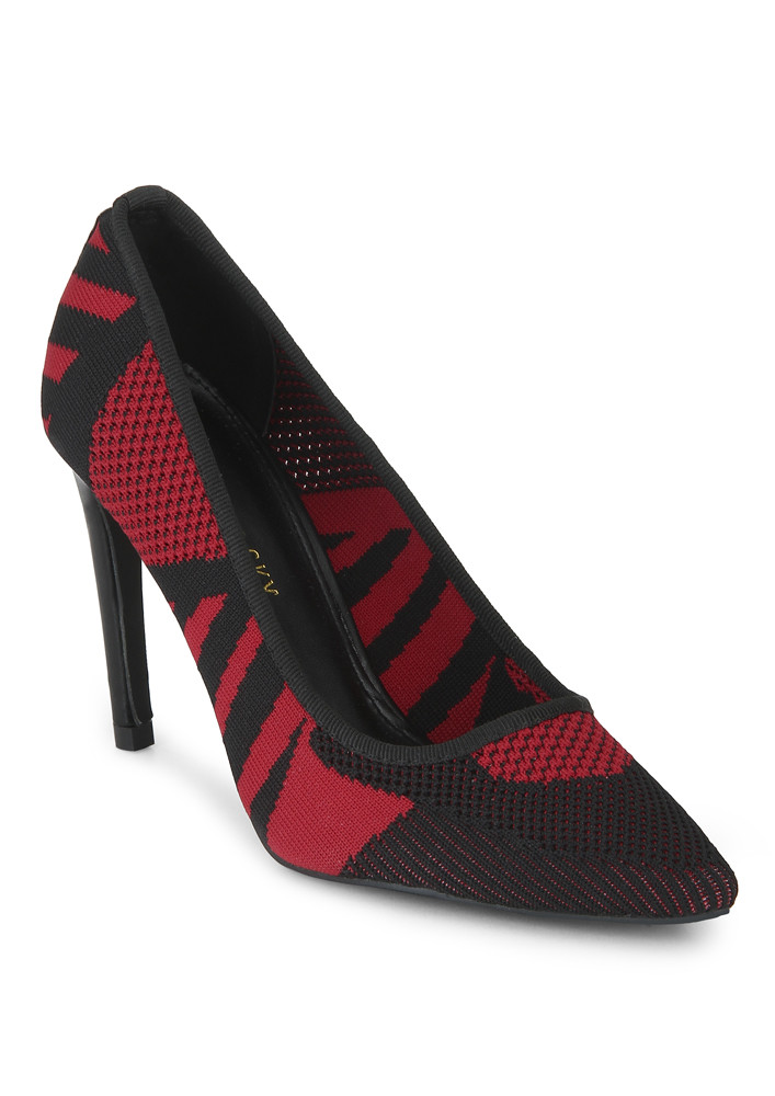 ABSTRACT RED BLACK MESH HEELS