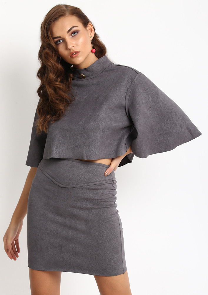 BELL SLEEVED GREY CROP TOP AND SKIRT SET