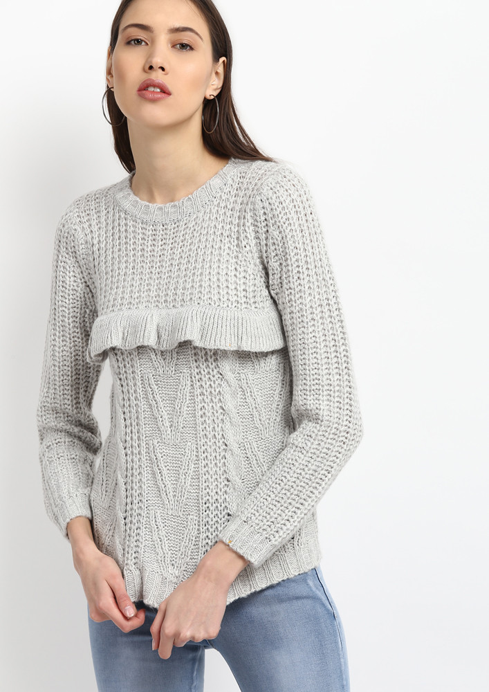FRONT FRILL GREY KNITTED TOP