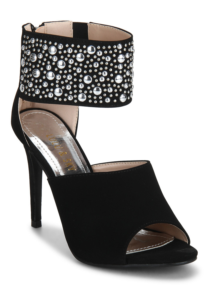 Women Rhinestone Decor Ankle Strap Sandals, Plastic Chunky Heeled Glamorous  Sandals Black | SHEIN