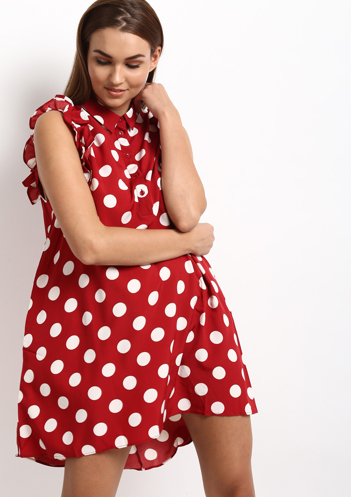 Red Polka Dot Frill Hem Shift Dress | PrettyLittleThing USA