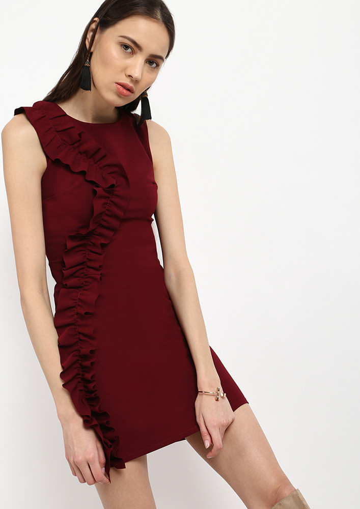 RED SIDE FRILL BODYCON DRESS