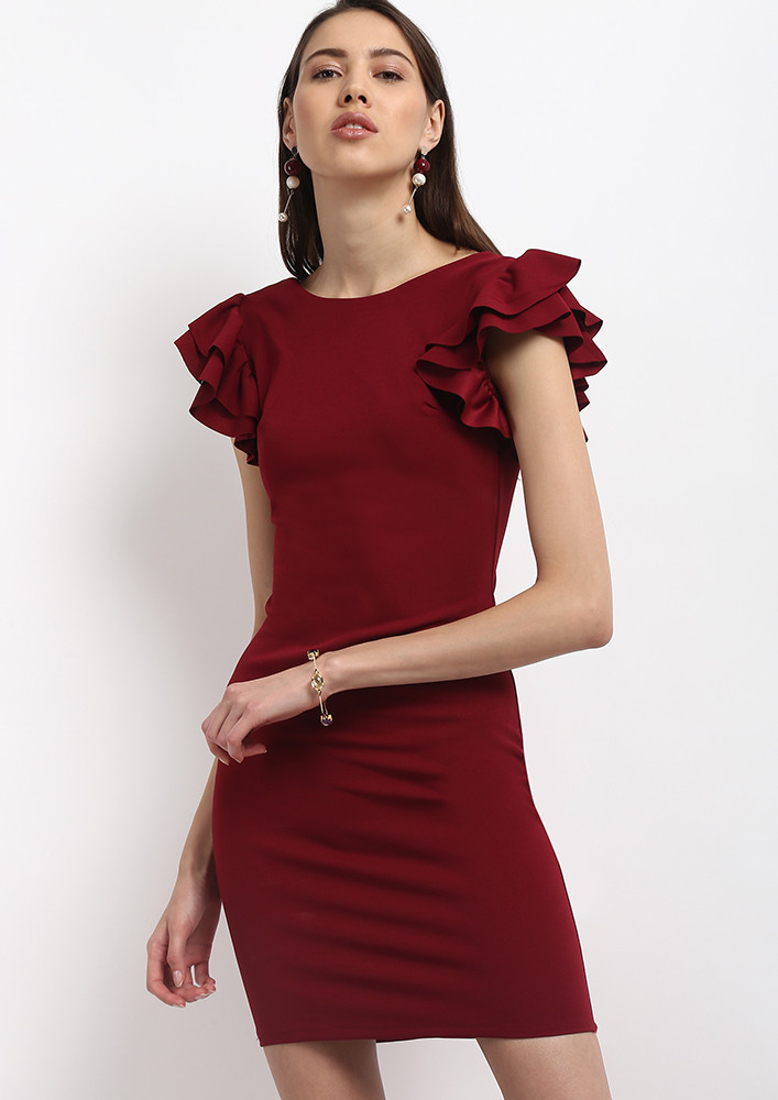 RUFFLE SLEEVES RED BODYCON DRESS