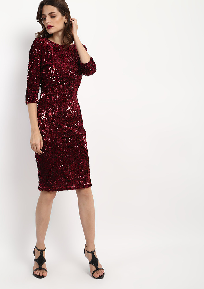 YOUR SEQUIN IS SAFE WITH US WINE DRESS