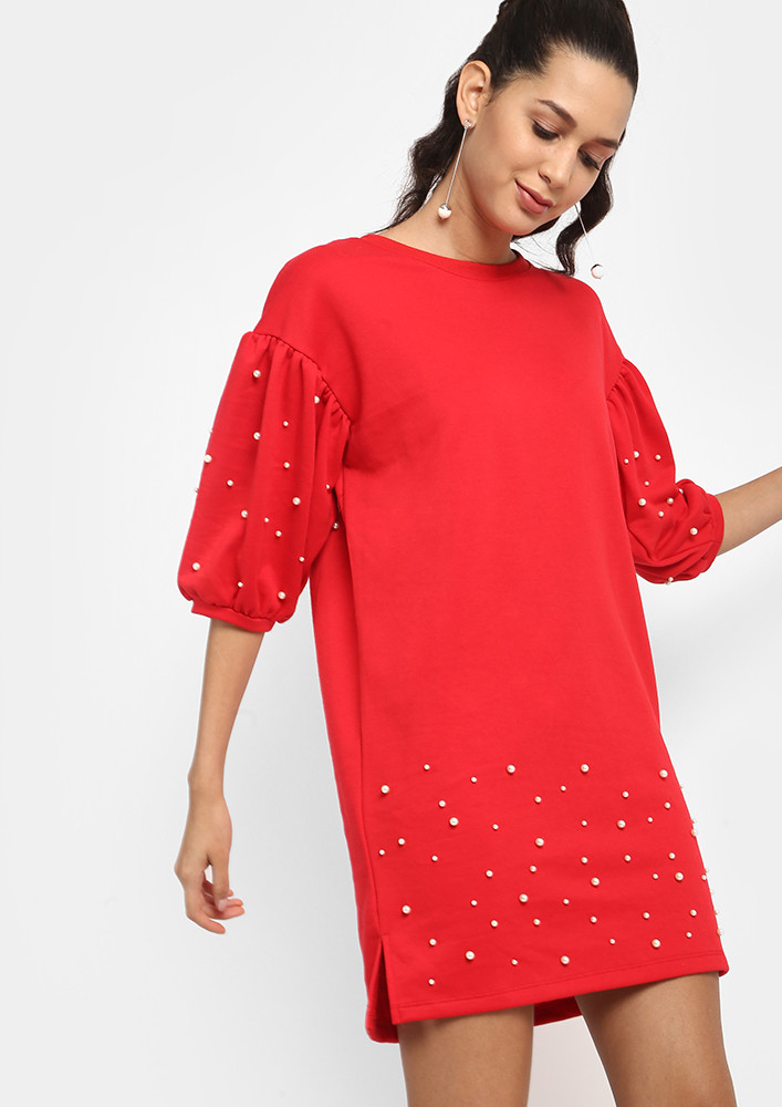 DAINTY PEARLS RED SHIFT DRESS