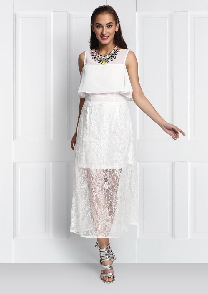 WHITE LONG DRESS WITH LACE OVERLAYS