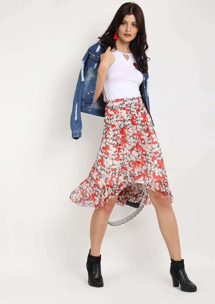 White and Red Floral Print Skirt Set