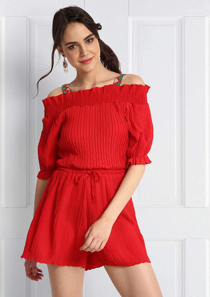 PLEATED OFF SHOULDER ROMPER IN RED
