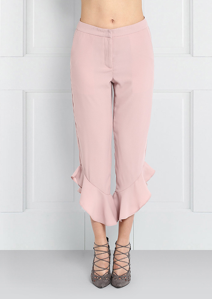 PINK FRILL SIDE CIGARETTE TROUSERS