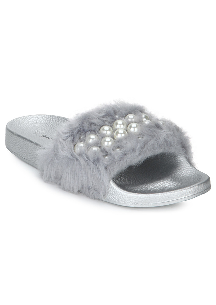 Buy FAUX FUR PEARL GREY SLIPPERS for Women Online in India