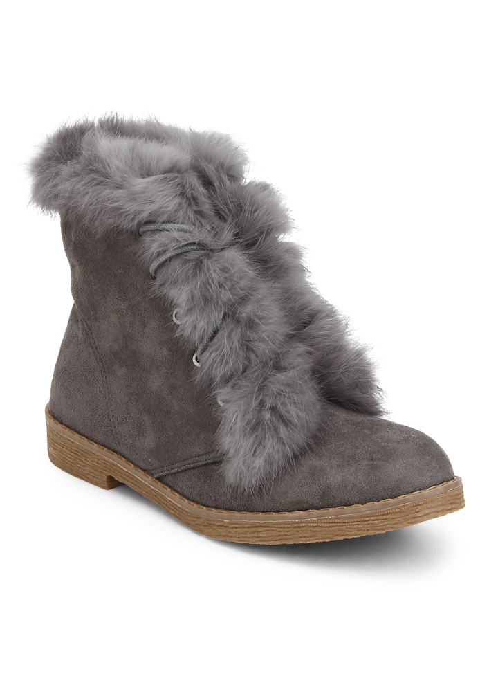 FURRY ALL THE WAY GREY ANKLE LENGTH BOOTS