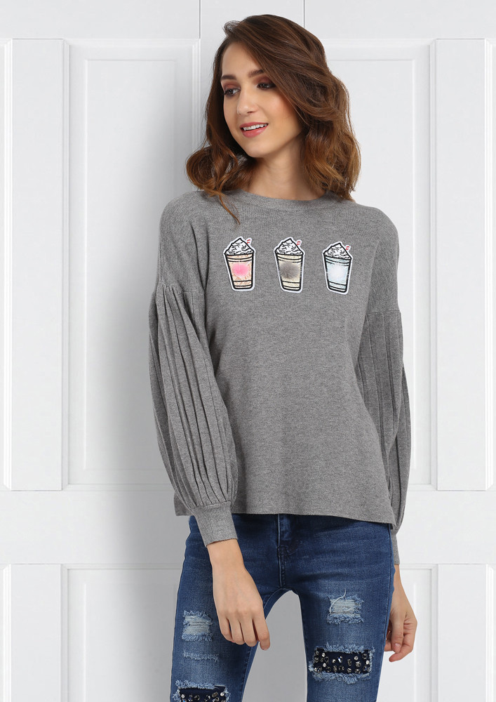PRINT ME UP CASUAL GREY SWEATER