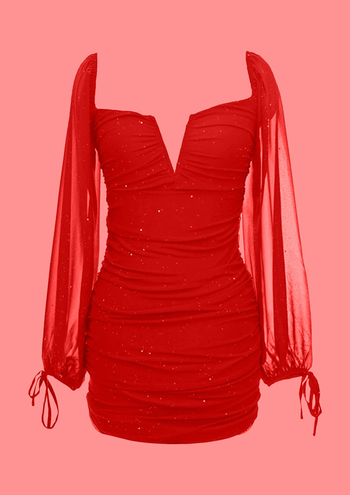 V-SWEETHEART NECK SEQUINNED RED BODYCON DRESS