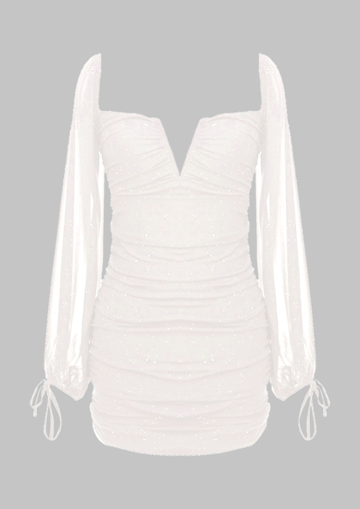 V-SWEETHEART NECK SEQUINNED WHITE BODYCON DRESS