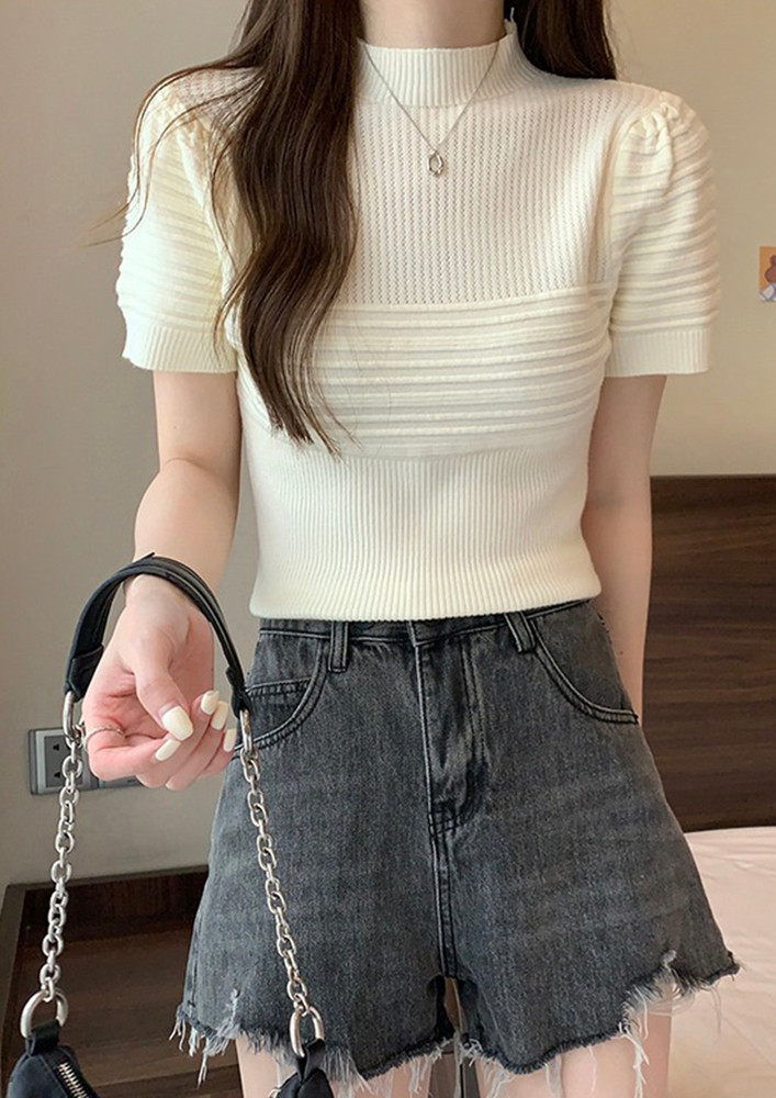 TURTLE NECK RIBBED OFF-WHITE TOP