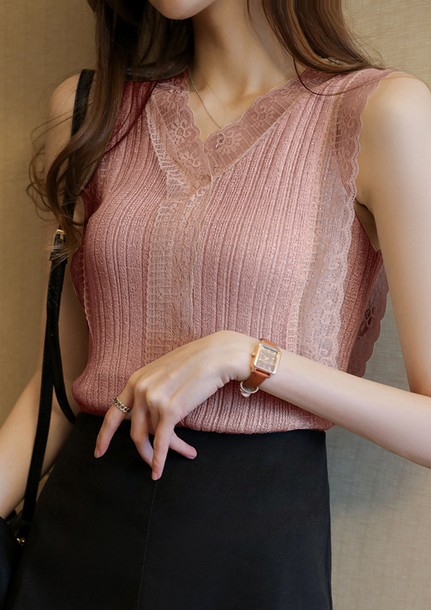 PINK LACE-TRIM RIBBED BLOUSE