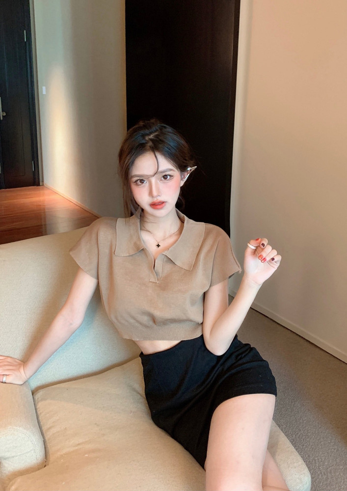 COLLARED BEIGE CROPPED TOP