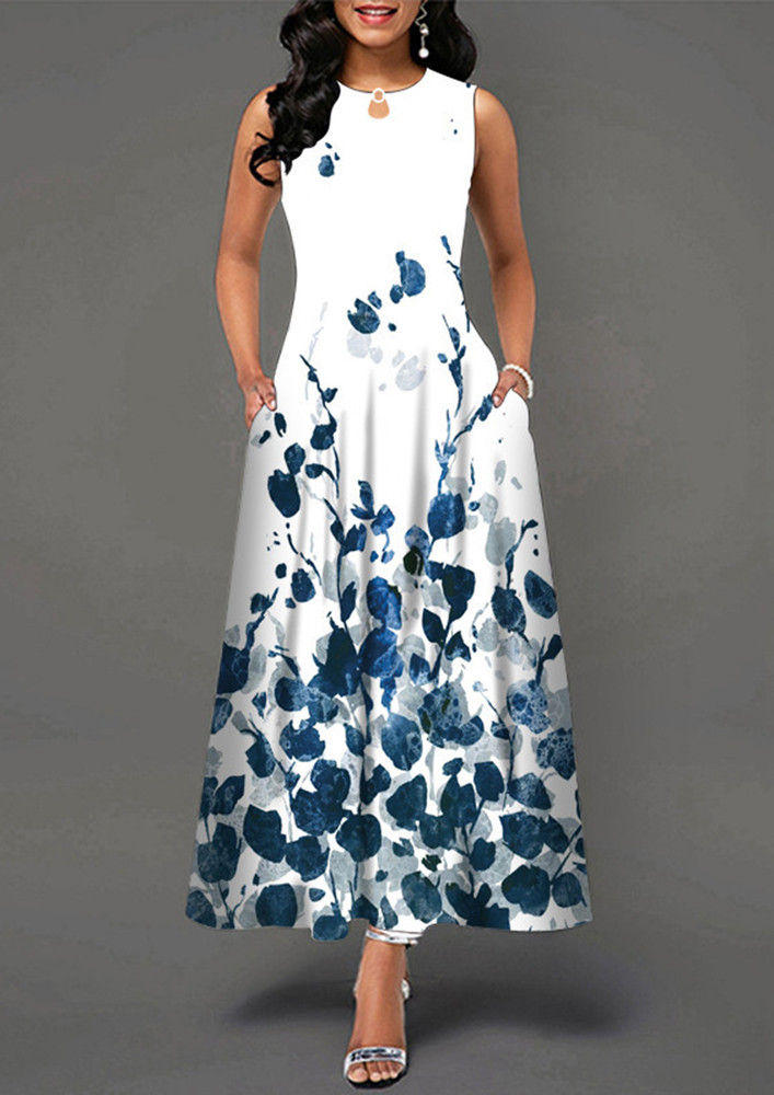 PRINTED BLUE POLYESTER MAXI DRESS