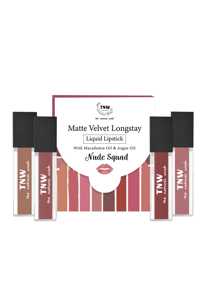 TNW -The Natural Wash Matte Velvet Longstay Liquid Lipstick- Nude Squad with Macadamia Oil and Argan Oil | Transferproof | Pigmented | Nude Shades