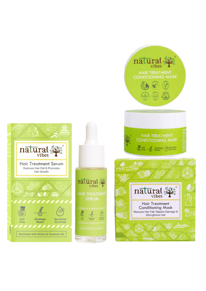 Natural Vibes Hair Treatment Regime with Anti Hair Fall Serum 30 ml & Conditioning Mask 100 g -  Controls Frizz, Nourishes Dry Scalp, Repairs Damage & Strengthens Hair