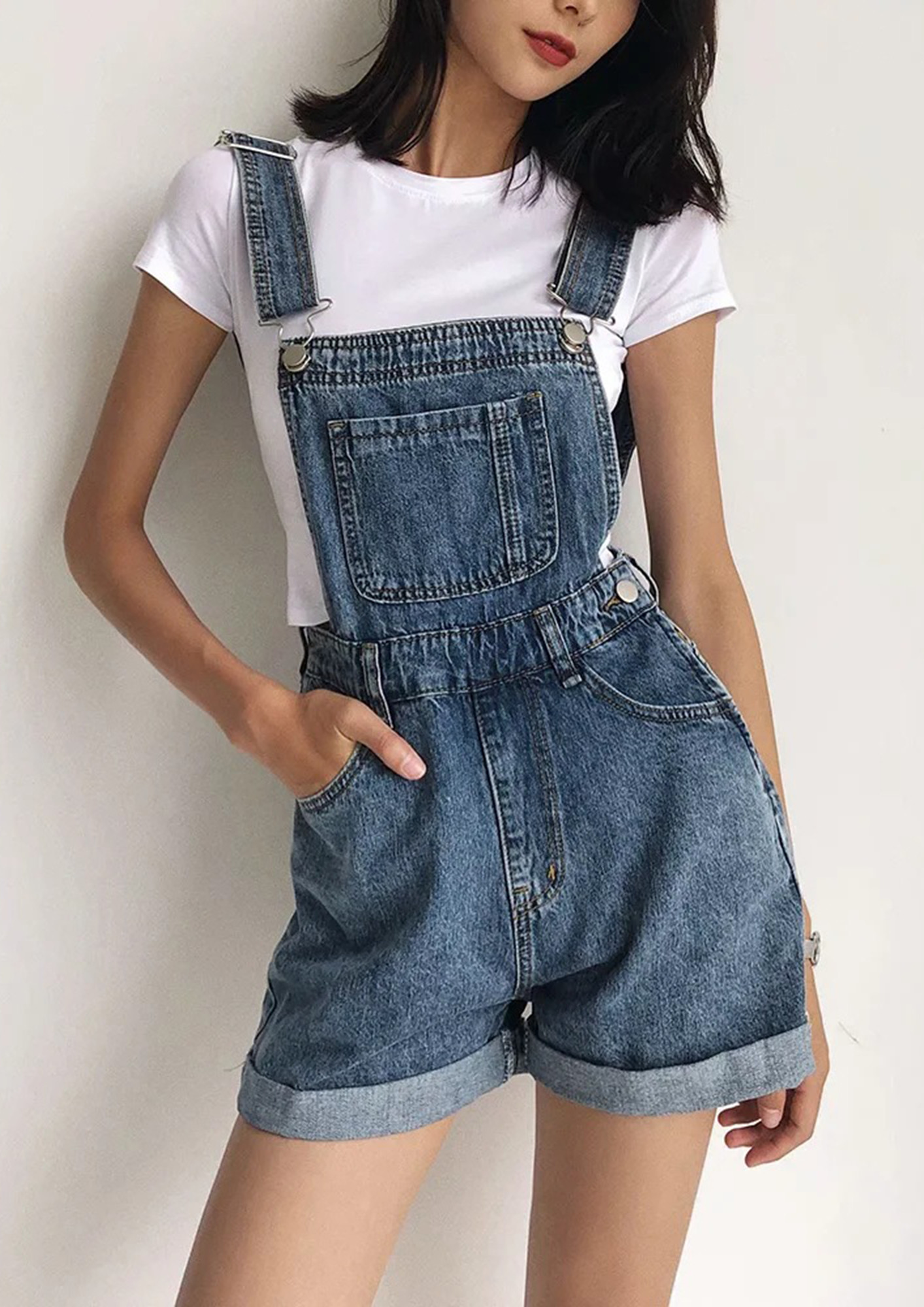 Amazon.com: Women's Classic Adjustable Straps Cuffed Hem Denim Bib Overalls  Shorts Summer Loose Casual Jean Rompers Jumpsuits : Clothing, Shoes &  Jewelry