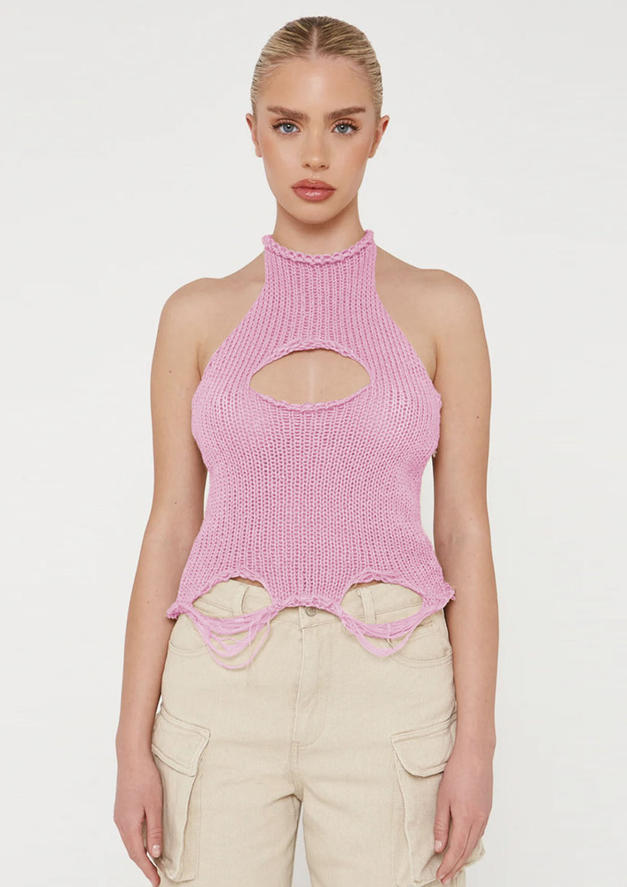 KNITTED PINK HOLLOW Y2K VEST