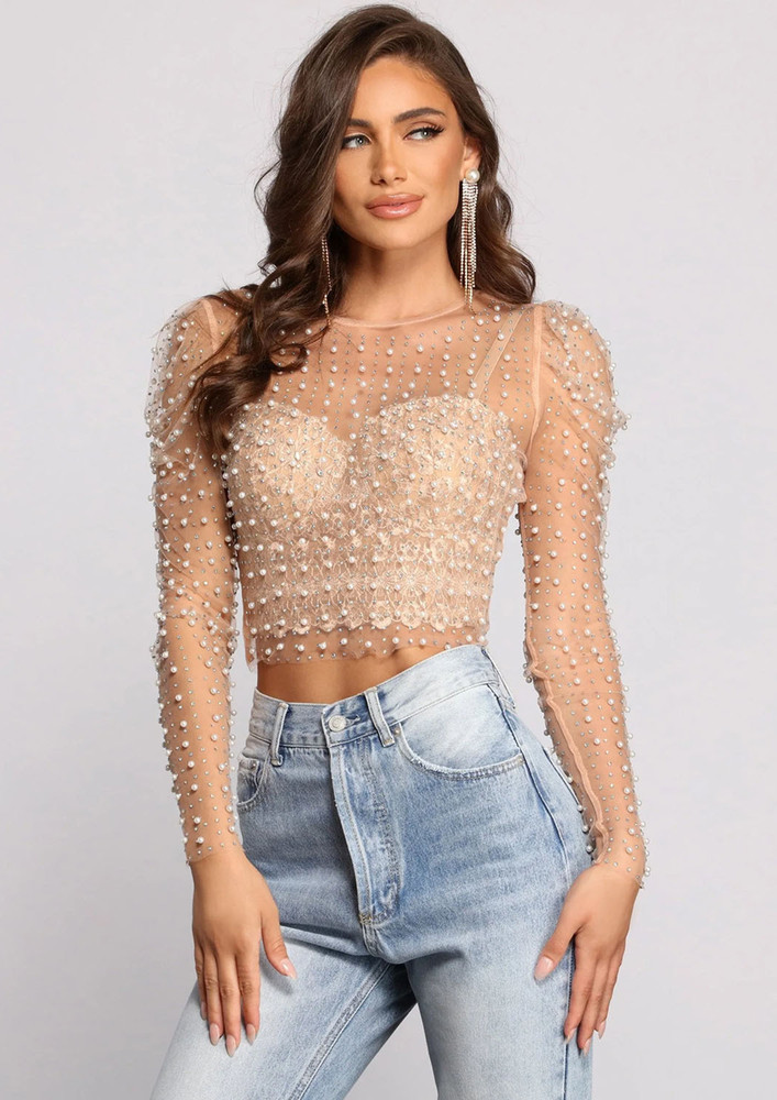 PEARLY TRANSPARENT BEIGE CROP TOP