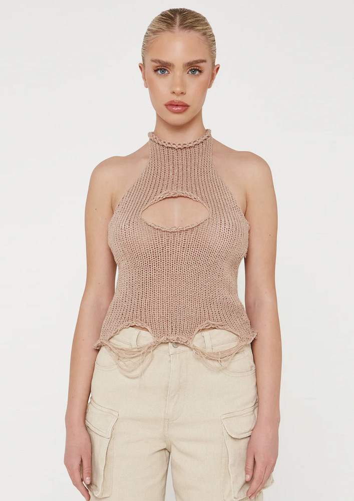 KNITTED KHAKI HOLLOW Y2K VEST
