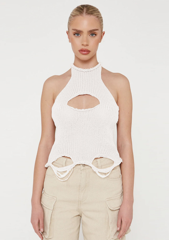 KNITTED WHITE HOLLOW Y2K VEST