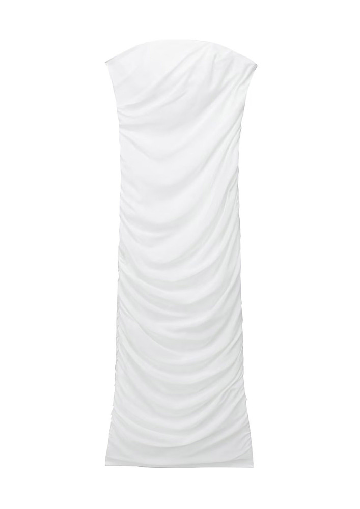 WHITE SHIRRED MIDI BANDEAU DRESS