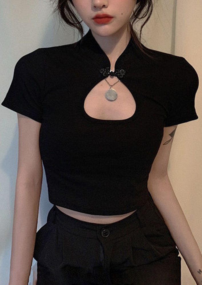 CUT-OUT STAND COLLAR BLACK CROP TOP