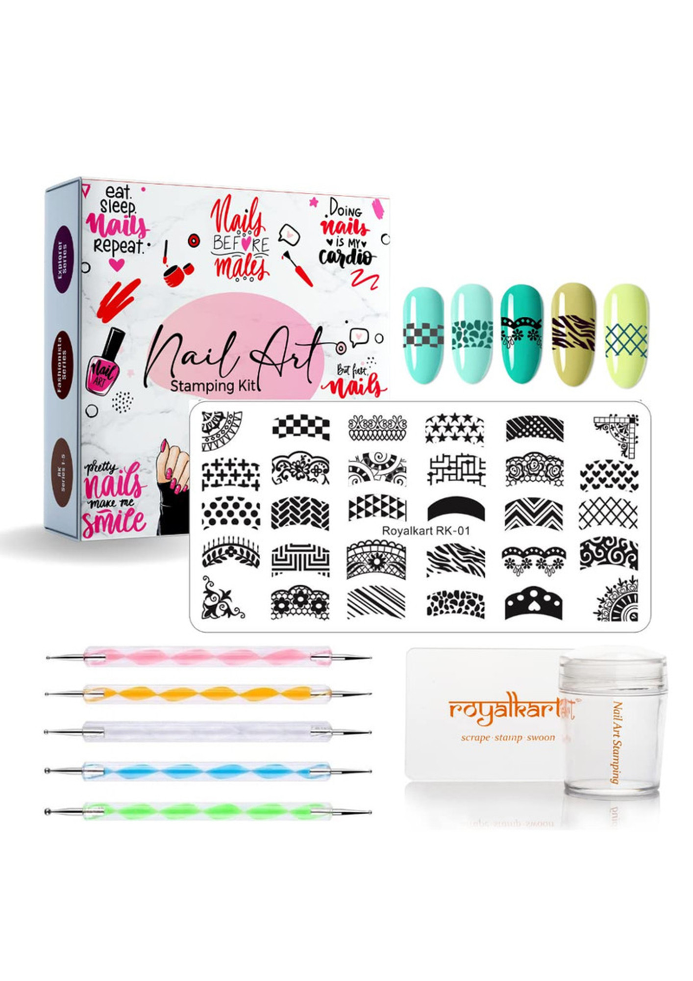 Nail Art Kit for Girl By Royalkart | Nail Stamping Plate With French Nail Stamper Scraper,5 pcs Dotting pen Gift For Girl Abstract Edition (RK-01)