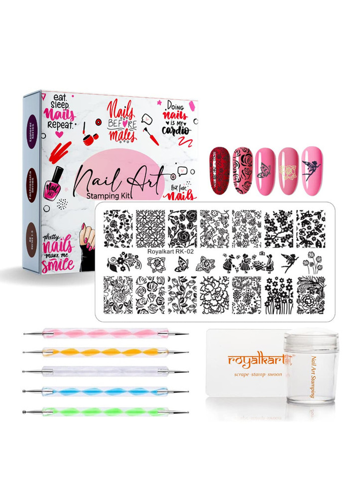 Nail Art Kit for Girl By Royalkart | Nail Stamping Plate With French Nail Stamper Scraper,5 pcs Dotting pen Gift For Girl Abstract Edition (RK-02)